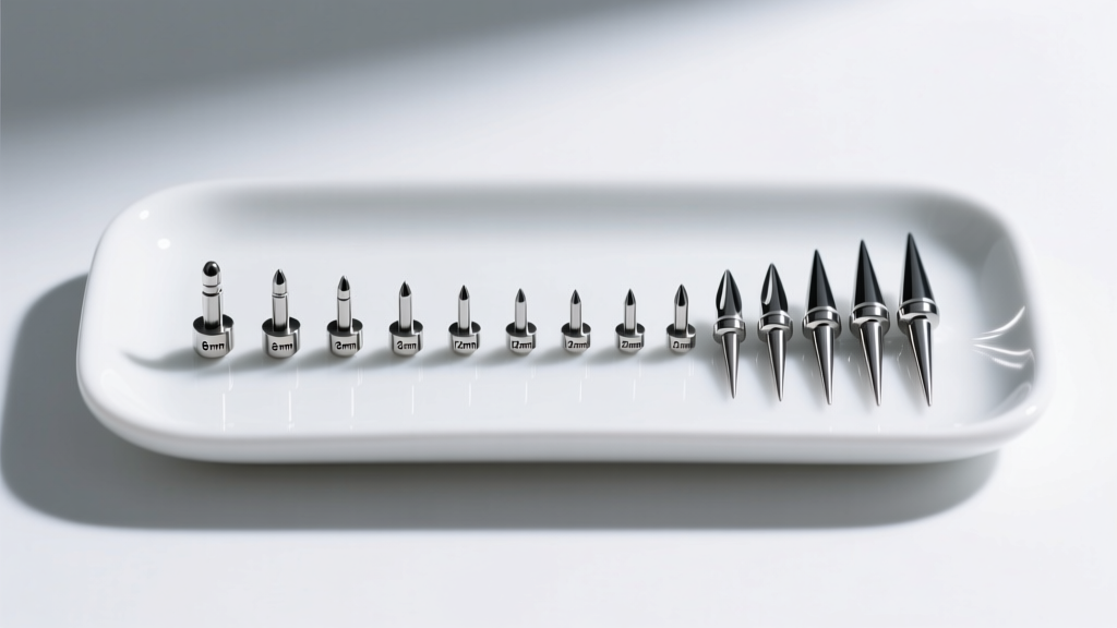 Overhead shot of a sterile tray showing titanium labret posts in lengths from 6mm to 12mm next to polished steel insertion tapers.