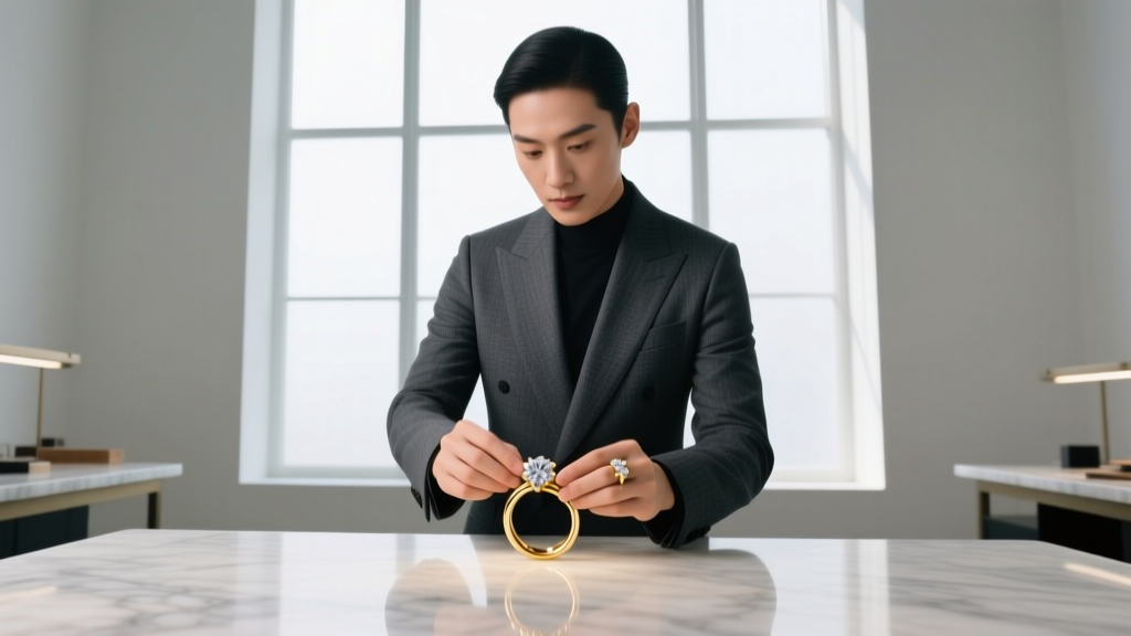 A jeweler's loupe examining the C-clasp and worn prongs on a 1920s Art Deco diamond and onyx geometric floral cocktail ring.