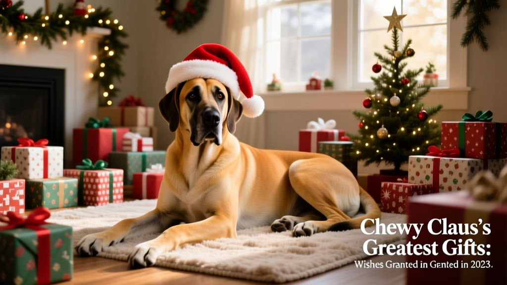 Riley the Great Dane wearing a Santa hat, resting contentedly amid wrapped presents and festive decorations