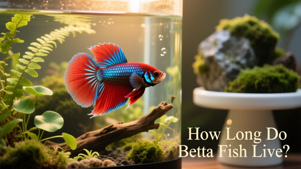 A healthy male betta fish displaying vivid red and blue coloration in a well-planted 5-gallon aquarium