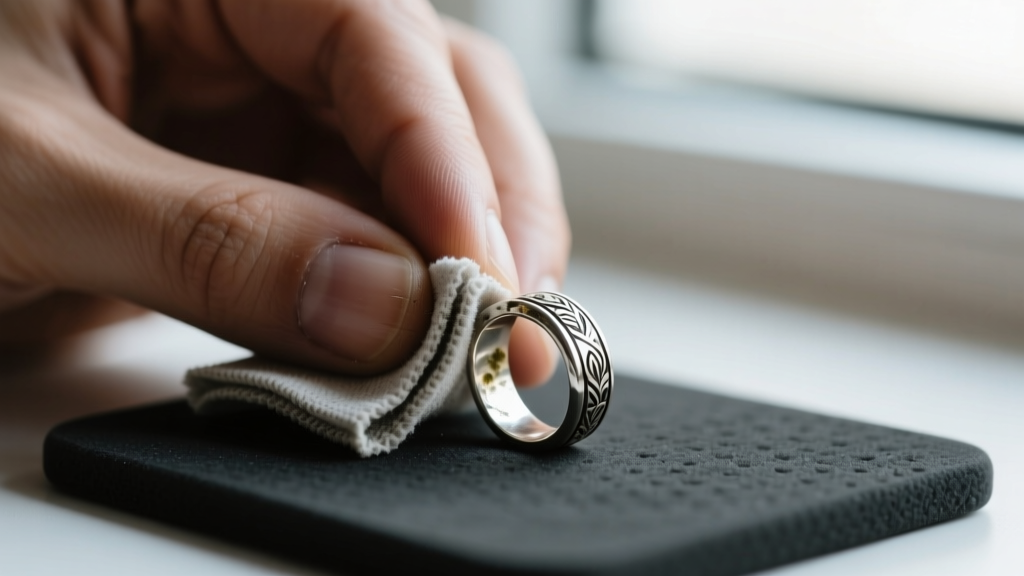 Hands gently rubbing a tarnished silver ring with a two-sided jewelry polishing cloth on a dark rubber jeweler's work mat.