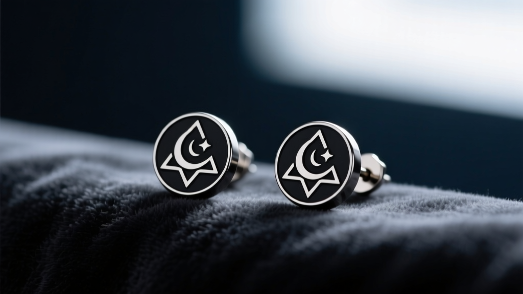 Close-up of matte black titanium stud earrings with a laser-engraved Sleep Token rune symbol resting on dark velvet fabric.