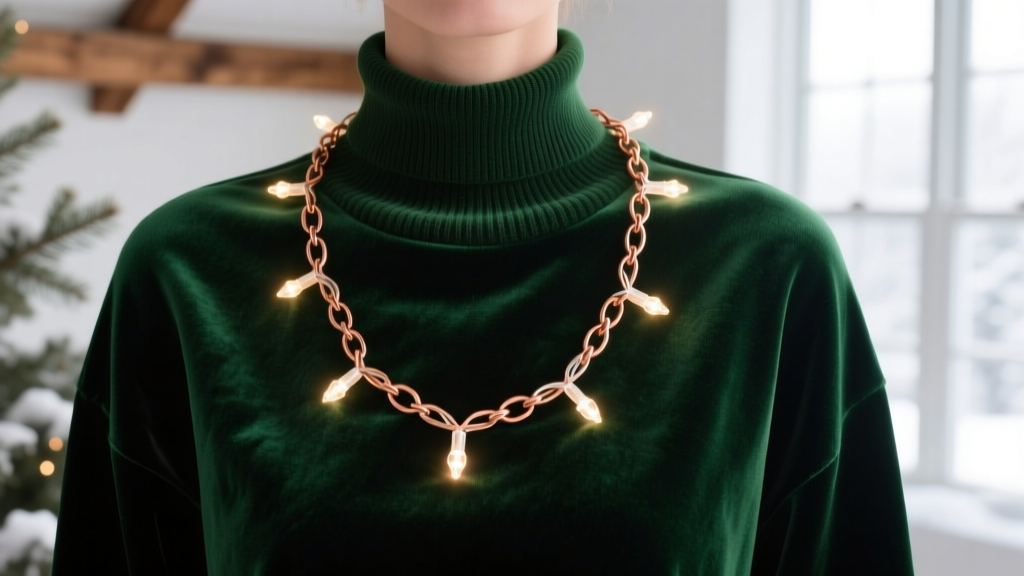 Glowing copper fairy light necklace draped over a dark green velvet holiday sweater, highlighting the tiny warm-white LED bulbs