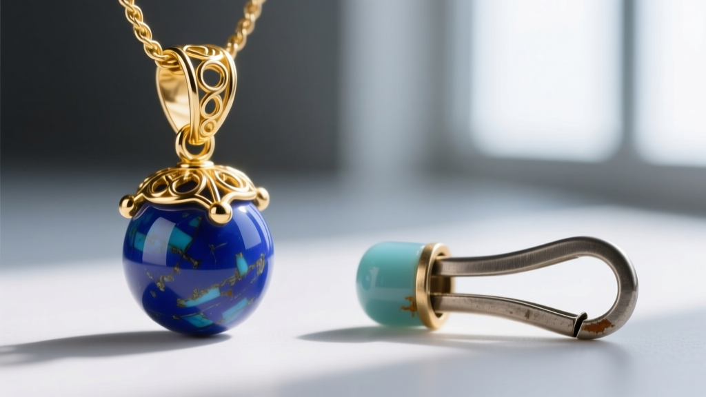 Close-up of a 14k gold-filled soldered bail on a lapis lazuli bead pendant, compared to a cheap glued pinch bail on the right.
