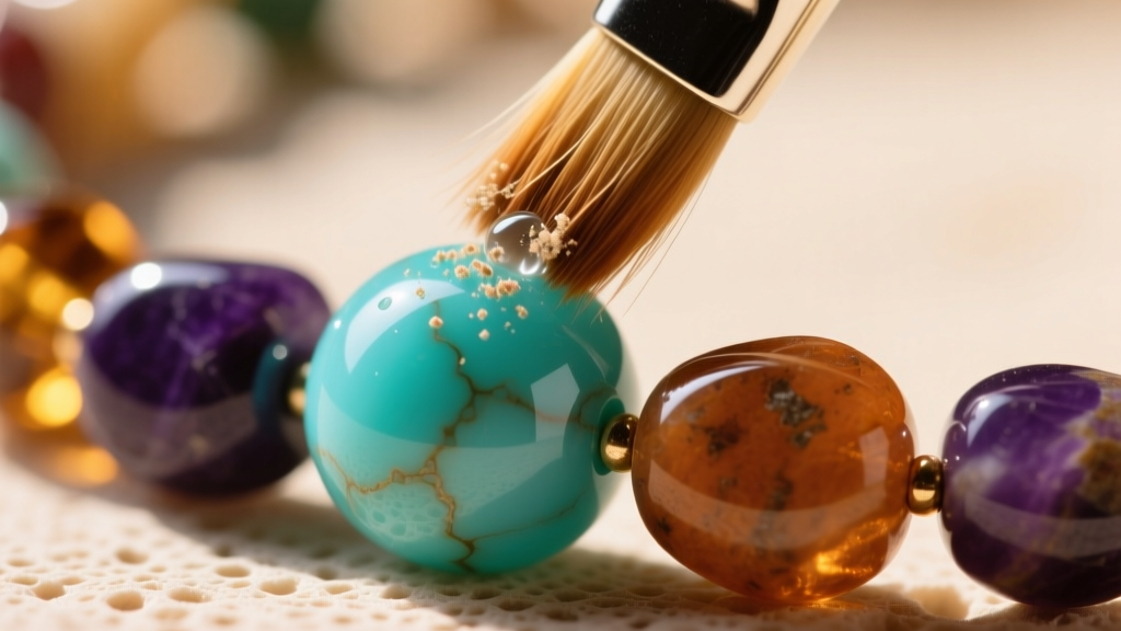 Close-up of a soft bristle brush gently cleaning a porous turquoise bead on a multi color stone necklace using mild soapy water