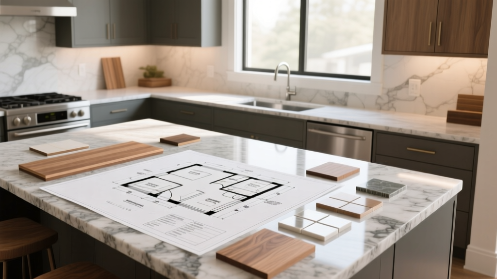 Architectural blueprints spread over a kitchen island with material samples like engineered hardwood and quartz countertops in a modern custom home