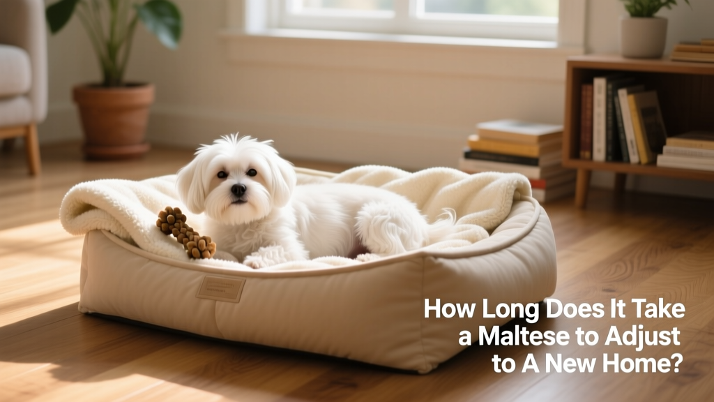 A Maltese resting peacefully in a cozy, padded crate with a folded blanket and chew toy