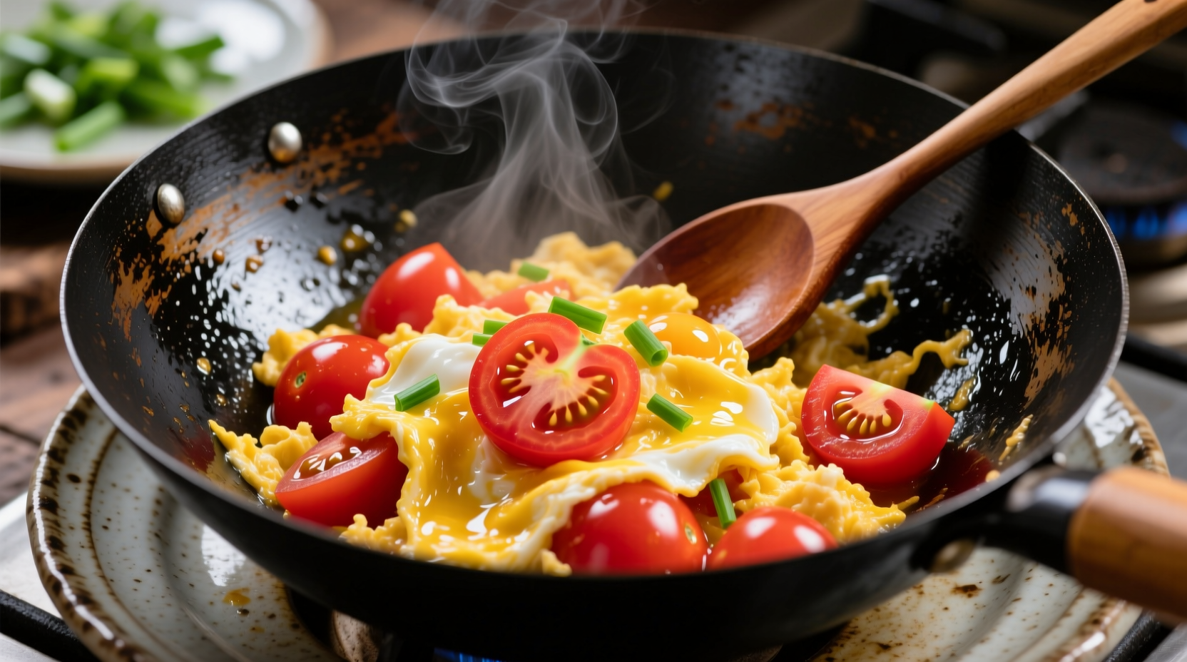 Authentic Chinese tomato egg stir fry in wok