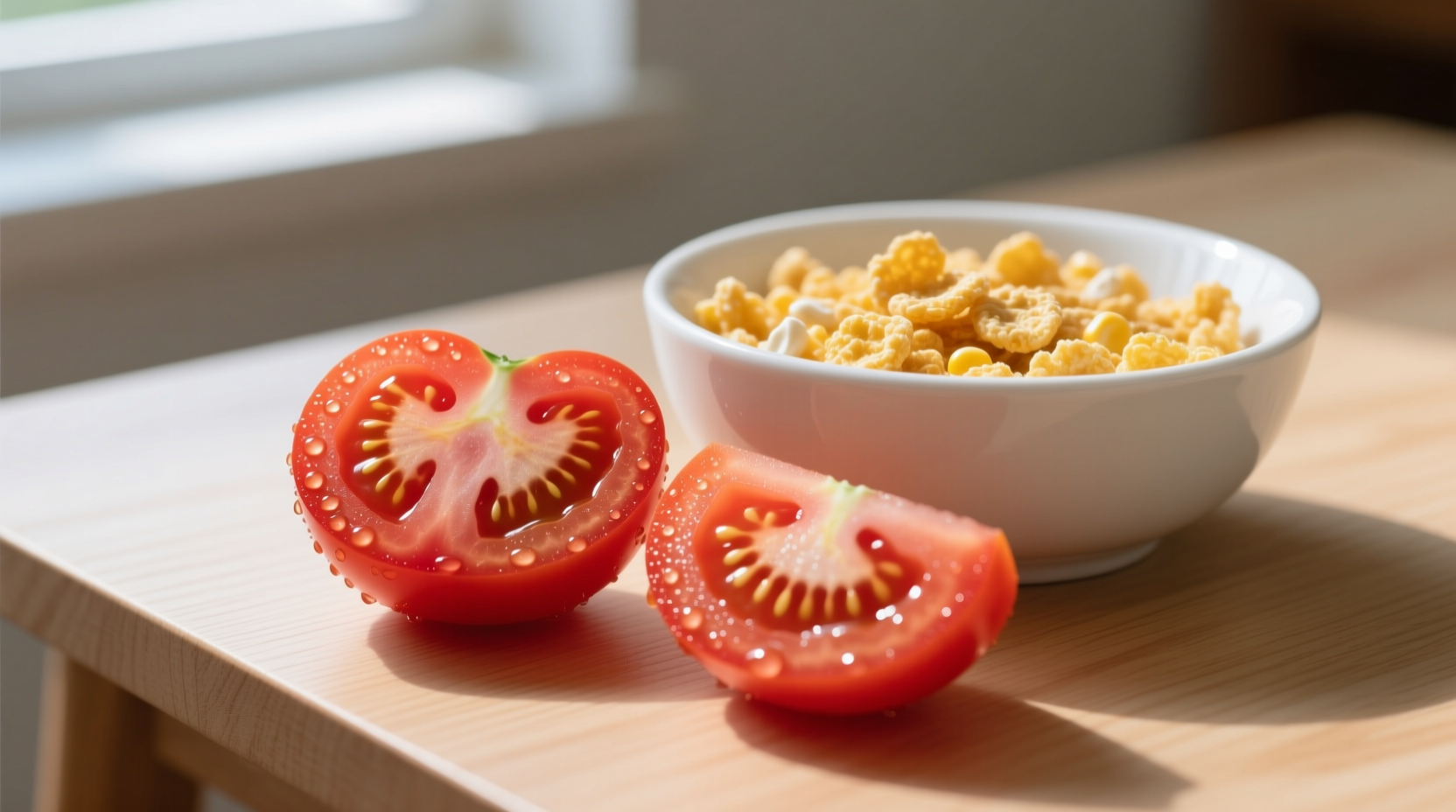 Tomato slices next to cereal bowl for comparison
