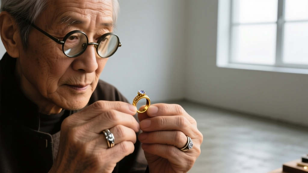 Close-up of a jeweler's hands examining a 3D CAD wax model of a toi-et-moi engagement ring under bright bench lighting in NYC.