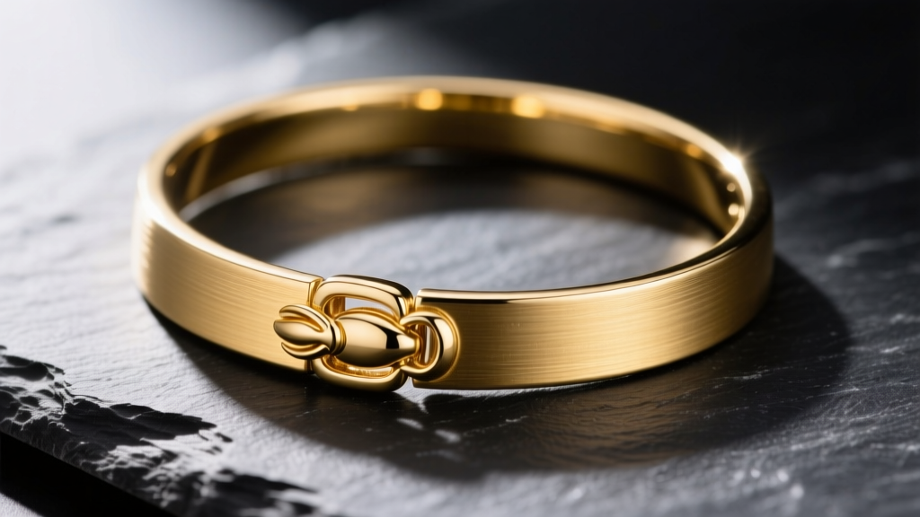 Close-up of a rigid 14K yellow gold neck choker necklace on dark slate, showing the brushed metal finish and secure lobster clasp.