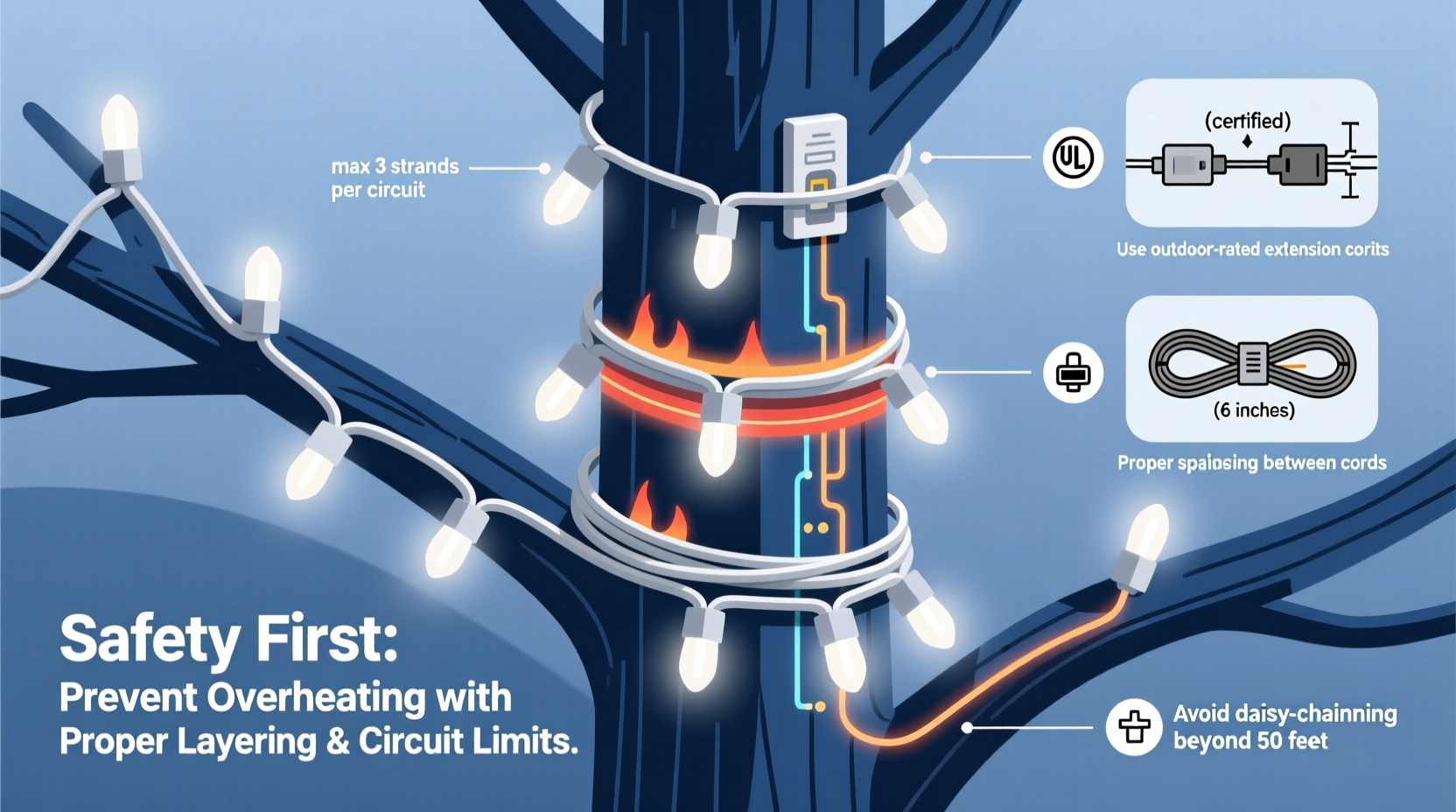 how to layer multiple christmas light strands without overheating circuits