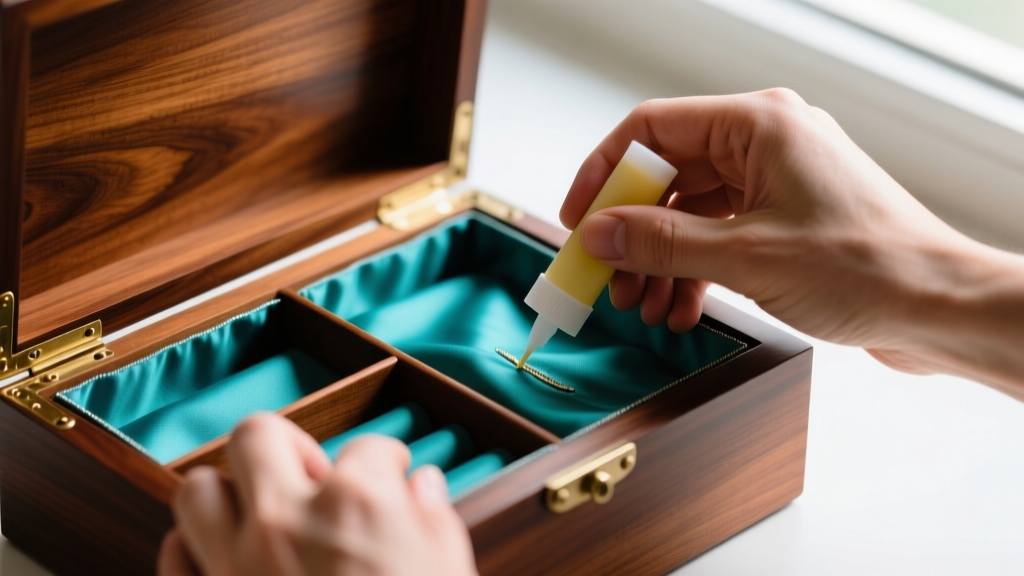 Hands installing anti-tarnish Pacific cloth lining into compartments of a vintage rosewood jewelry box using acid-free adhesive