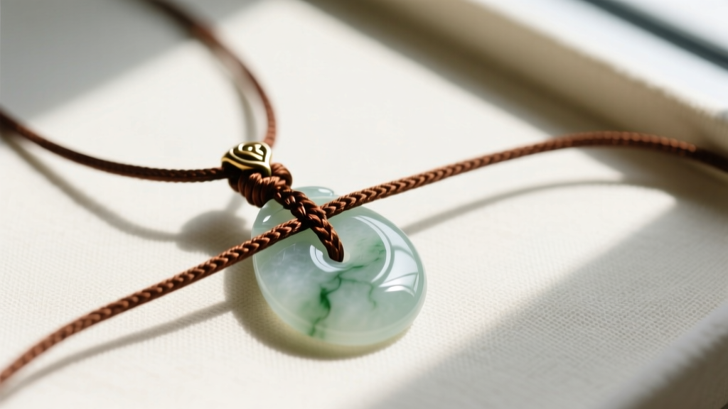 Overhead view of a jade pendant necklace being restrung with brown silk cord, showing traditional macrame slip knots
