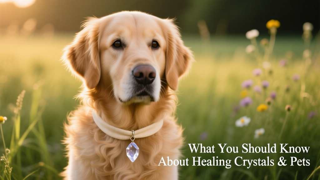 A dog wearing a soft fabric collar with a small, smooth crystal charm attached securely