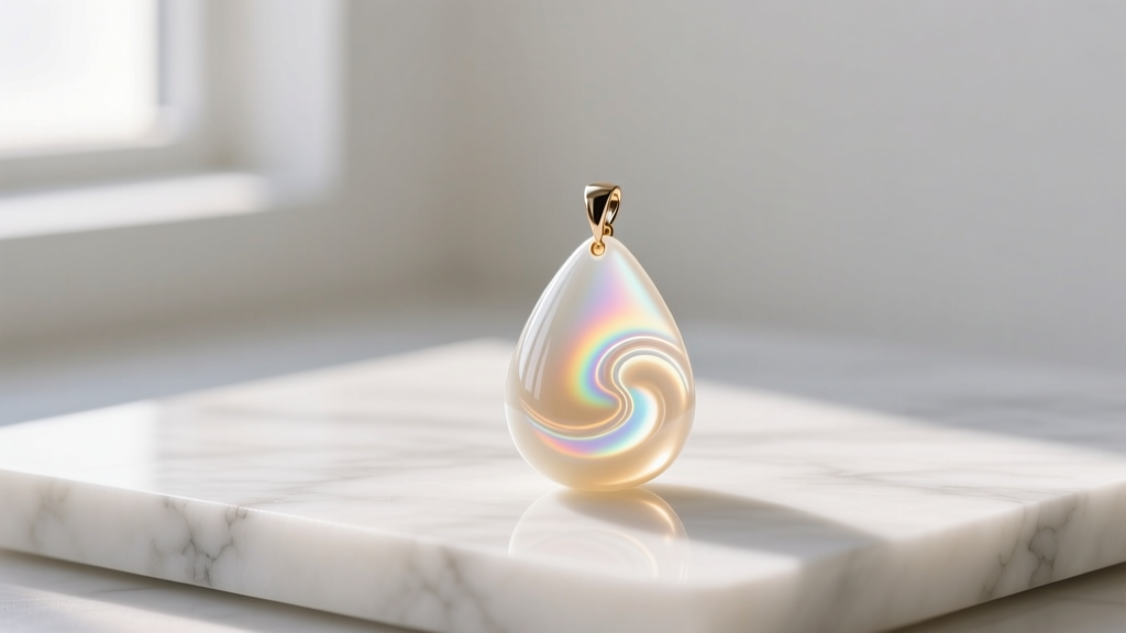 Polished teardrop-shaped breast milk resin pendant resting on white marble, catching soft natural window light from the left side.