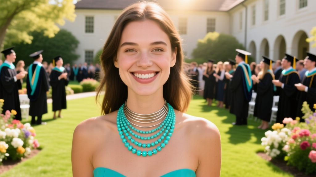 Woman wearing a multi-strand memory wire choker necklace with turquoise beads, smiling at a sunny outdoor graduation celebration
