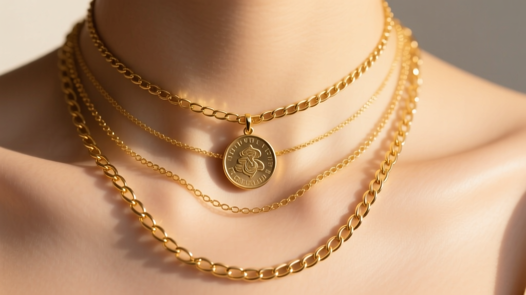 Close-up of a layered gold necklace stack on a collarbone, showing a choker, coin pendant, and long rolo chain in warm lighting