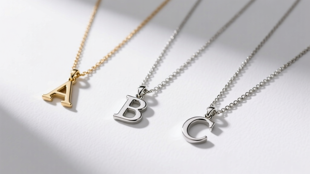 Flat lay comparison of three chain necklaces holding varying sizes of custom letter pendants, illuminated by soft studio lighting.