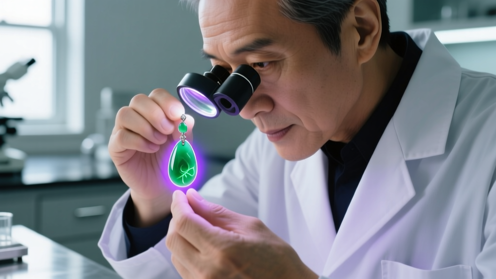 Gemologist examining a carved nephrite drop earring under a 10x loupe with UV lighting to detect polymer resin treatments