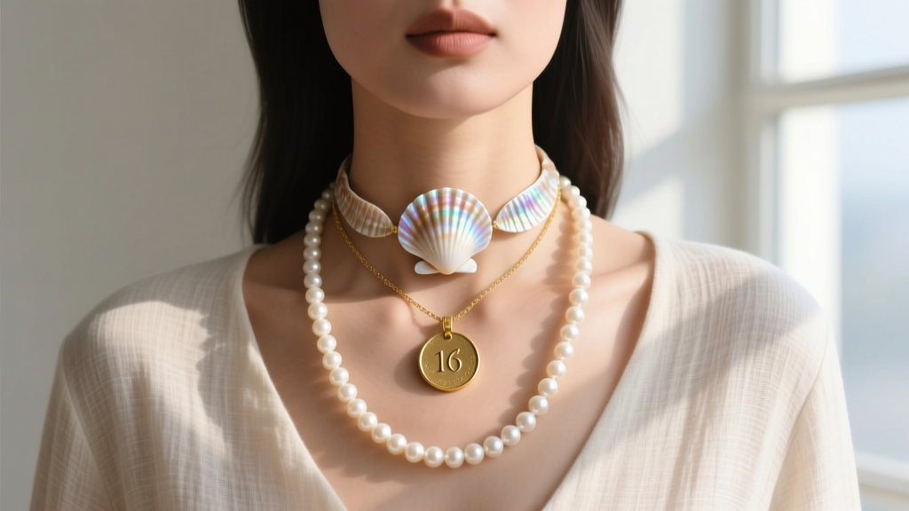 Model wearing a layered stack featuring a 14-inch mini seashell choker, a 16-inch gold coin, and 18-inch pearl strand on linen