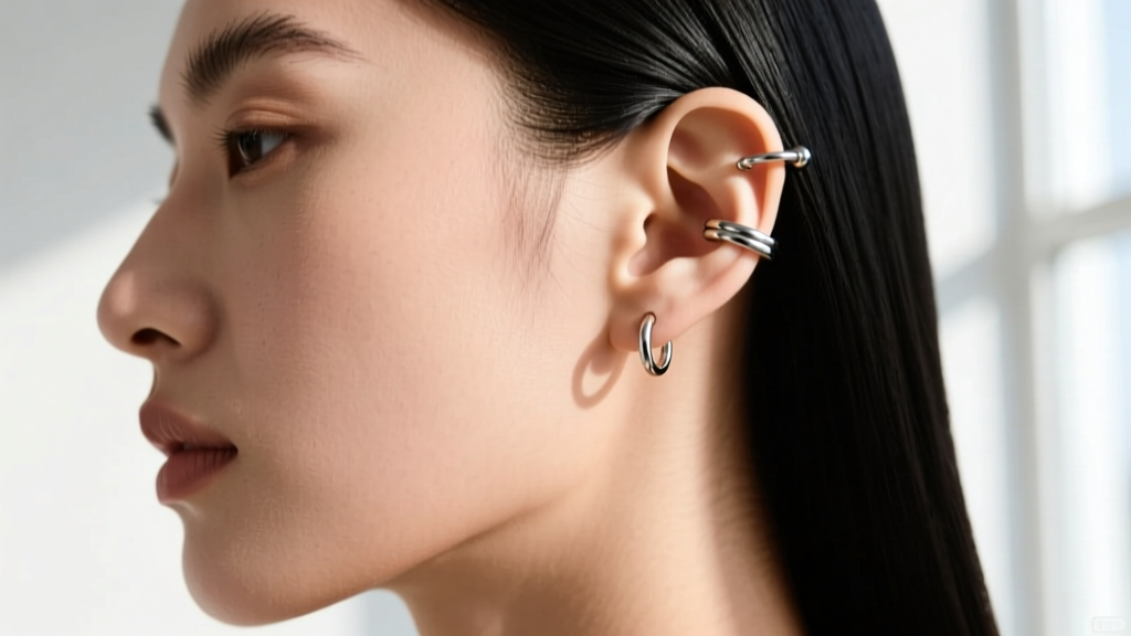 Side profile of a model wearing a non-pierced silver tension cartilage cuff on the ear ridge, showing the adjustable pressure fit