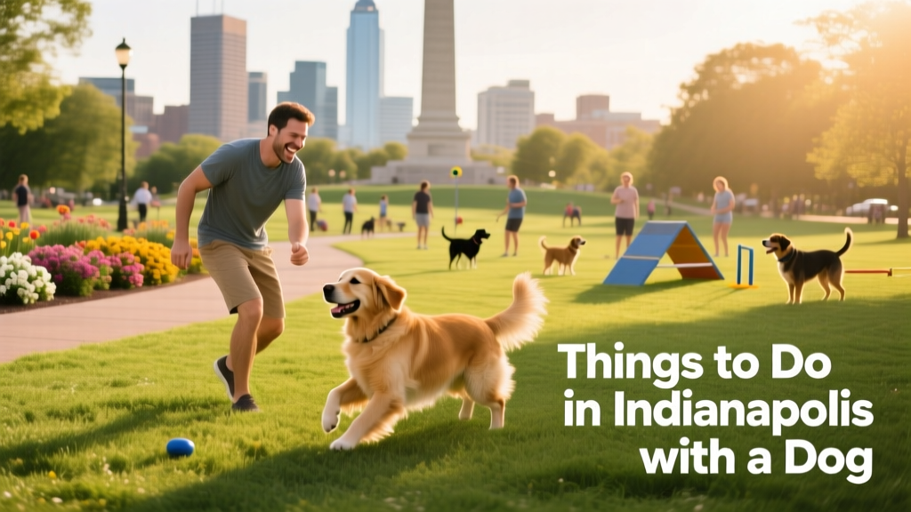 A joyful pet parent and dog enjoying a sunny day at a bustling dog-friendly activity venue in Indianapolis