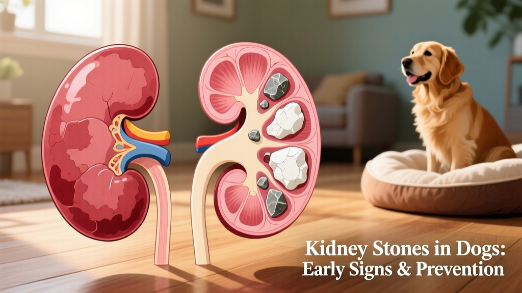 Side-by-side illustration showing healthy canine kidneys versus kidneys with visible stone formations