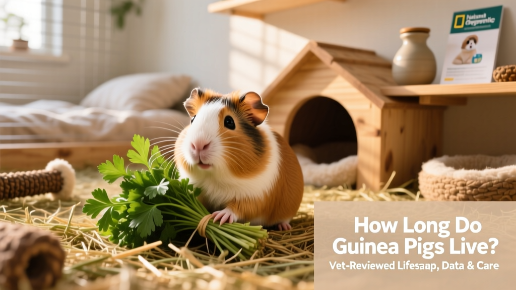 Happy, healthy guinea pig enjoying fresh parsley and timothy hay in a spacious, sunlit enclosure with wooden hideouts and chew toys