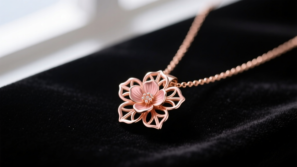 Rose gold flower necklace pendant on dark velvet, soft lighting highlighting the blush metal and intricate floral petal details.