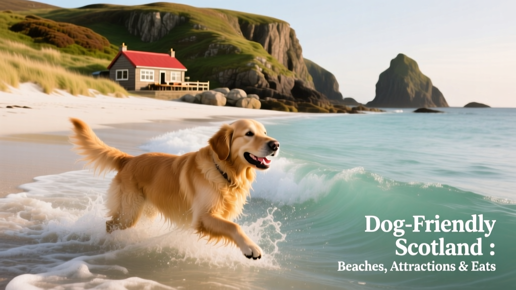 A golden retriever happily splashing in the waves at Balnakeil Beach, with white sand and dramatic cliffs in the background