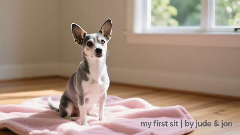 A small grey and white dog sitting on a pink blanket