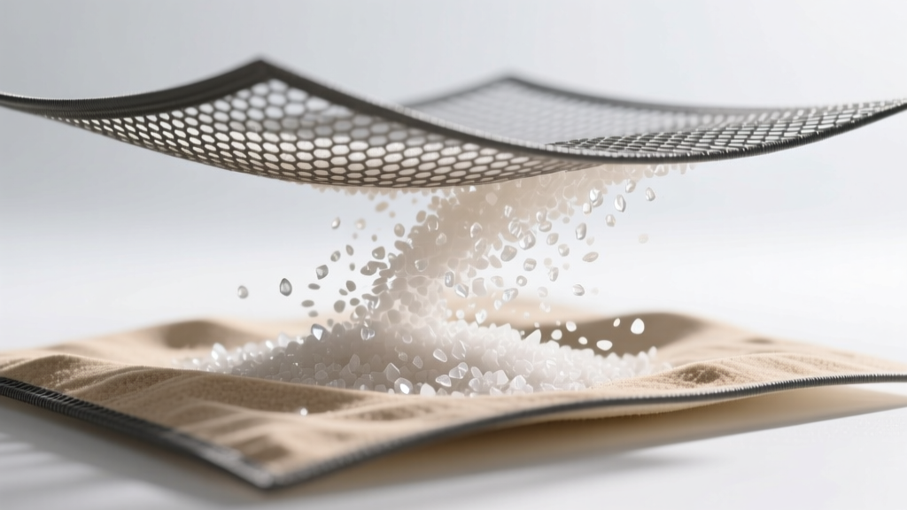 Close-up of dual-layer mesh sand-free mat showing fine silica grains falling through the top layer while the bottom layer stays clean