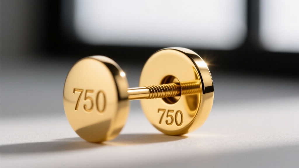 Macro view of an 18k yellow gold earring back, showing the stamped 750 hallmark and a precise 20-gauge threaded metal post.