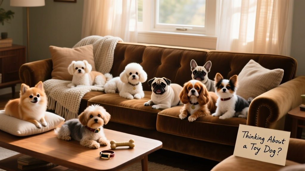 A cozy living room scene with a variety of small, affectionate dogs resting on sofas and laps