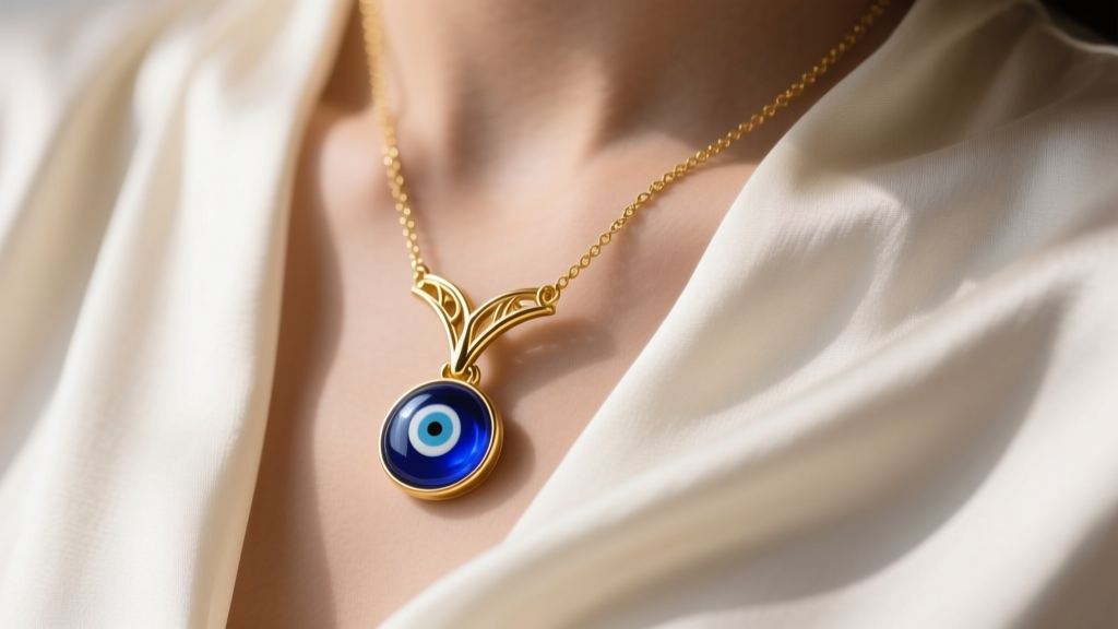 Close-up of a 14k gold evil wye necklace on a silk blouse, highlighting the cobalt blue glass nazar pendant at the Y-junction