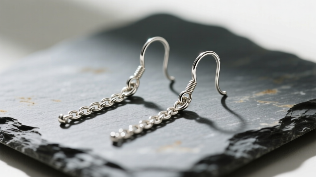 Macro view of .925 silver long drop earrings on slate, highlighting delicate chain links, fishhook wires, and mild surface tarnish