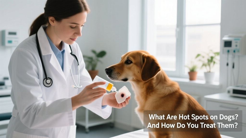 Veterinarian applying antiseptic solution to a dog's hot spot with a gauze pad