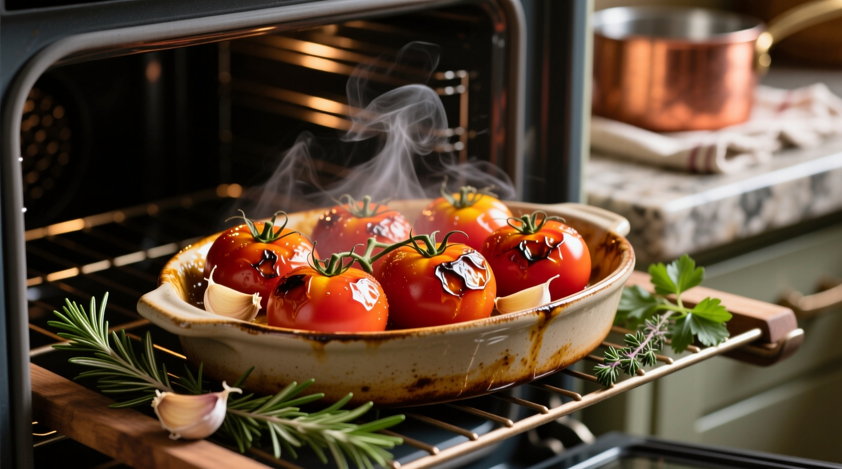 Fresh tomatoes roasting in oven with garlic and herbs
