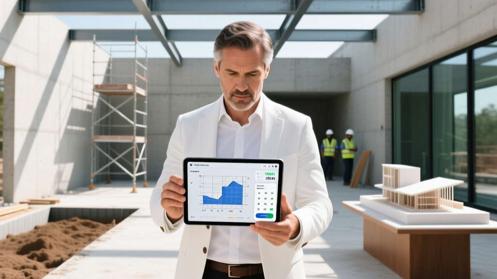 Architect reviewing digital blueprints and a cost calculator on a tablet at a framed residential construction site in bright daylight