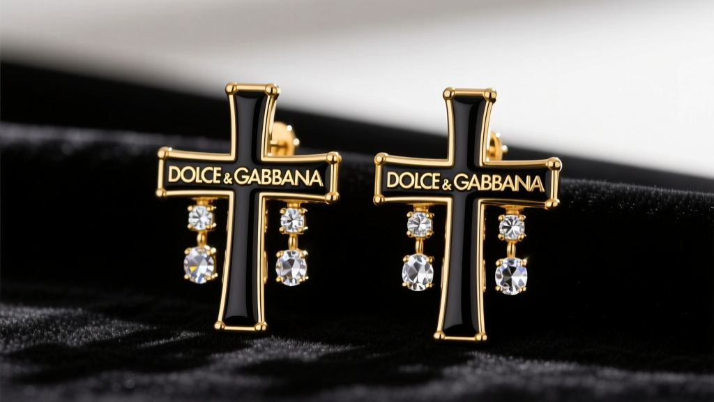 Close-up of ornate gold-plated Dolce and Gabbana cross earrings with black enamel and clear crystals resting on dark velvet