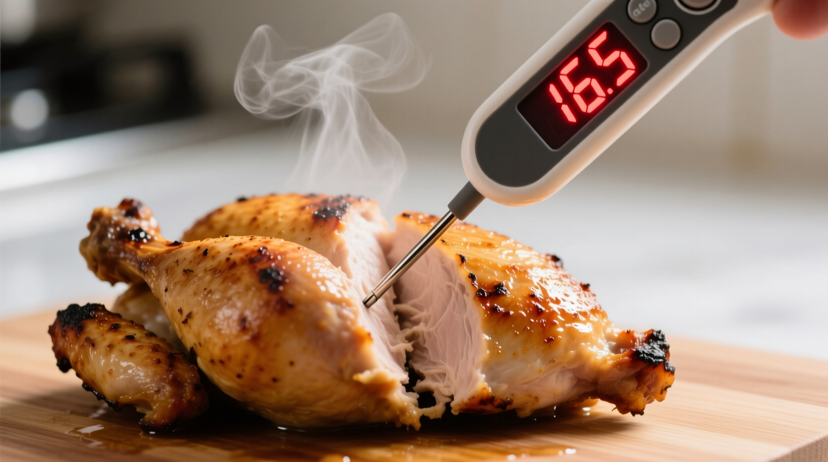 Digital thermometer showing 165 degrees in cooked chicken breast