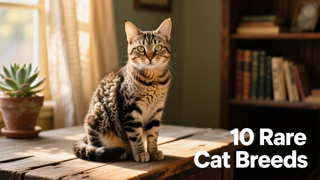American Wirehair cat with crimped, wiry coat sitting calmly on a wooden surface