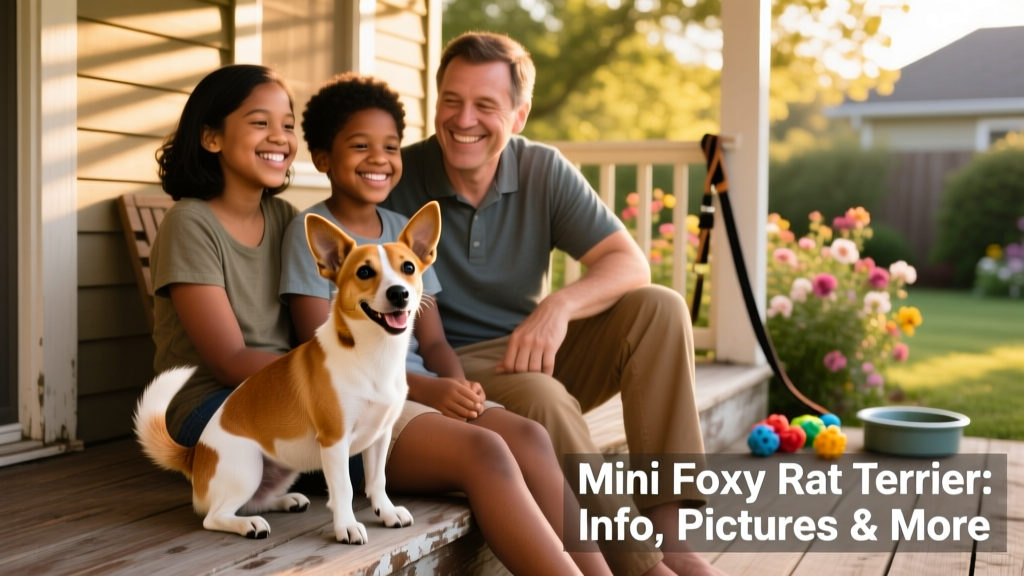A smiling family sitting on a porch with their Mini Foxy Rat Terrier resting between them, tail wagging happily