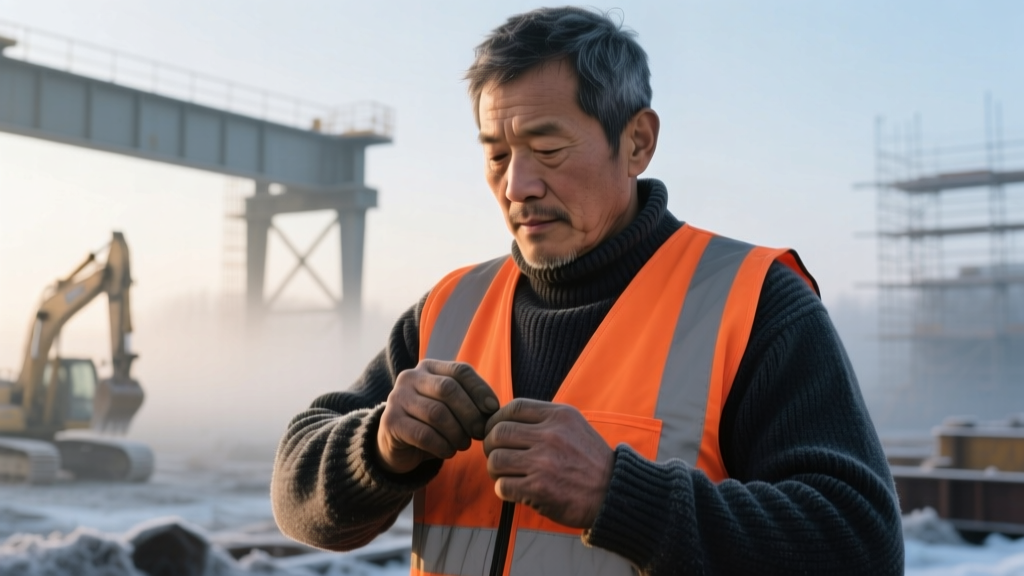 Close-up of a construction worker in a high-vis vest adjusting a dark merino wool base layer sleeve on a frosty morning job site