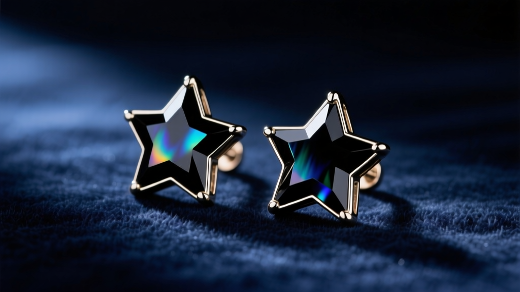 Black onyx star earrings on dark velvet, lit by soft directional lighting to highlight the faceted gemstone edges and polished metal