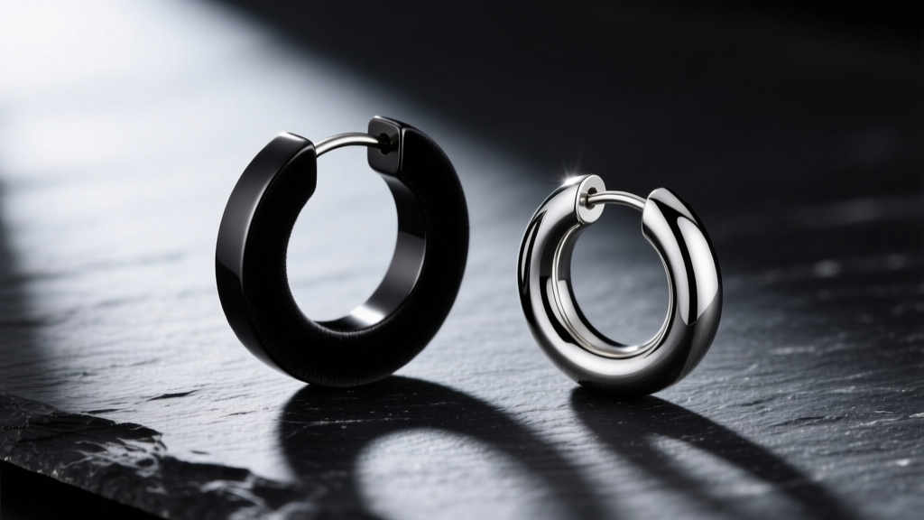 Side-by-side shot of a matte black anodized niobium hoop and a polished 316LVM surgical steel huggie earring resting on dark slate.