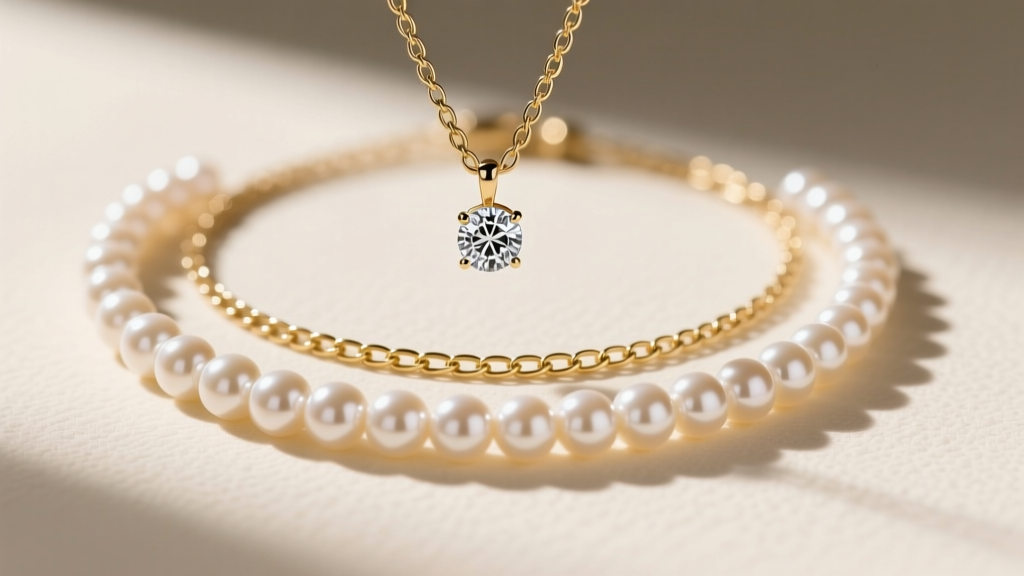 Flat lay of a layered stack with a 5mm pearl tennis choker, a 14k gold paperclip chain, and a delicate diamond solitaire pendant