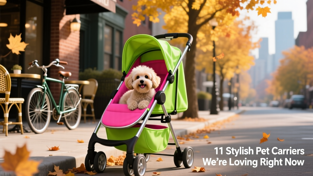 A vibrant neon green and hot pink pet stroller with a small dog inside, parked beside a stylish autumn sidewalk