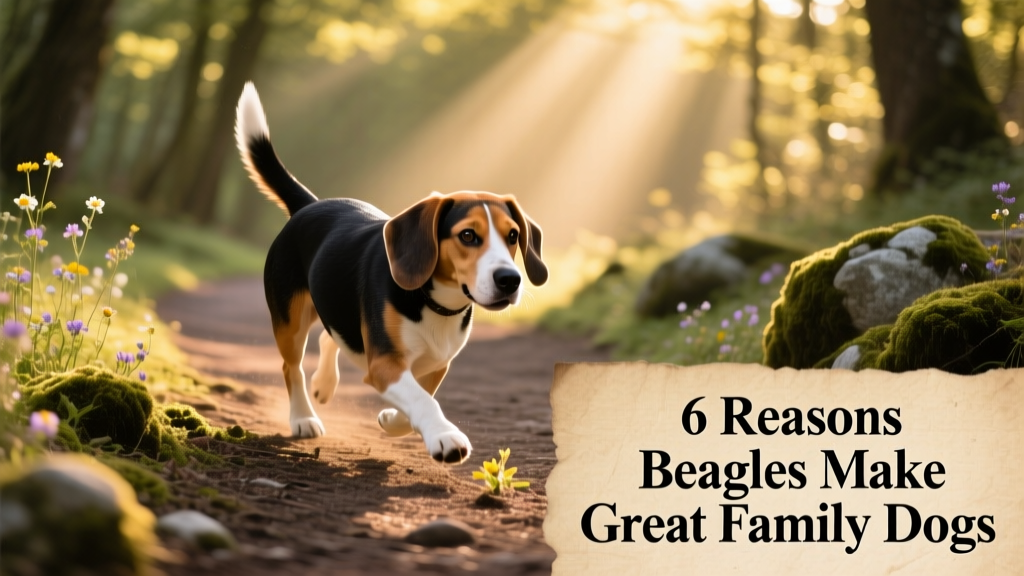 A Beagle mid-stride on a sunny trail, nose to the ground, tail wagging energetically
